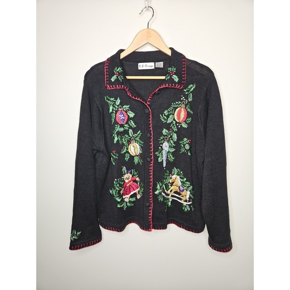 B.P. Design Sweaters - B.P. Design Sweater L Black Embroidered Christmas Holiday Button Up Ramie Cotton